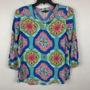 John Mark Shirt Womens Large Multicolor Floral Medallion 3/4 Sleeve Blouse
